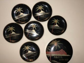 Vintage Mid Century Black Lacquer Aloha Hawaii 6 Coaster Set And Container Tiki 6