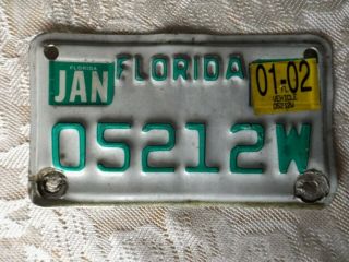 Florida Motorcycle License Plate Tag 05212w Jan 01 - 02