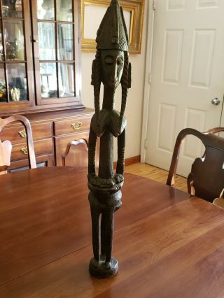 African Hand Carved Wood Fertility Tribal Statue Woman Holding Baby 29 " Very Old