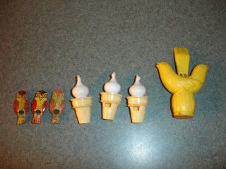 7 Old Vtg Antique Collectible Whistles Ice Cream Cone,  Owl,  And Bird Designs