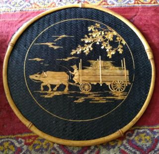 Vintage Asian Exquisite Straw Art Bamboo Oxen Cart Tree Sky Scene Woven Wall Art