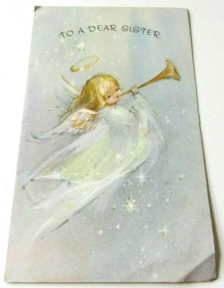 Vtg Christmas Card Angel Blowing Horn In The Stars