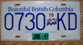 Single British Columbia,  Canada License Plate - 2007 - 0730 Kd