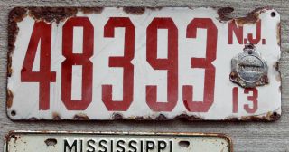 1913 Red On White Jersey Porcelain License Plate With The Medallion