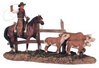 Western Cowboy On Horse Roping Calf Rodeo Figurine Figure Statue