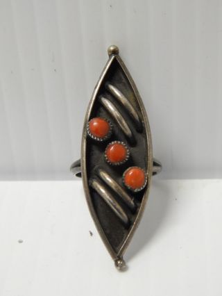 Vintage Navajo Indian Red Coral Sterling Silver Ring Modernist / Midcentury Dsgn