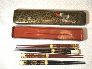 4 Pr.  Japan Hand Crafted Lacquer Chopsticks In Own Box With Leaf Motif
