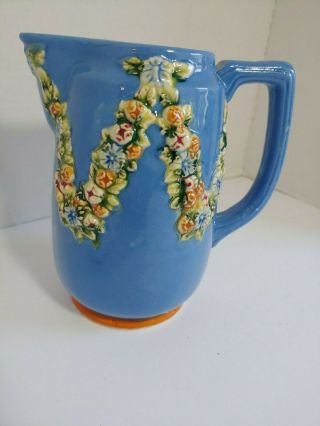 Vintage Moriage Blue And White Pitcher With Floral Garland Tall 7 "