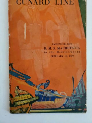1929 Rms Mauretania Cunard Line List Of Passengers/info Booklet