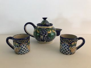 Talavera Workshop Of Ysauro Uriarte Puebla Mexico Teapot - Small W/2 Cups