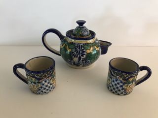 Talavera Workshop of Ysauro Uriarte Puebla Mexico Teapot - Small w/2 Cups 2