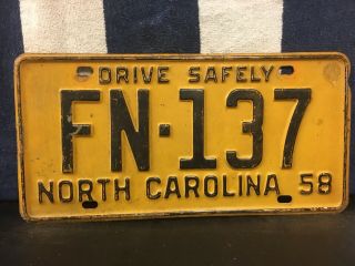 Vintage 1958 North Carolina License Plate