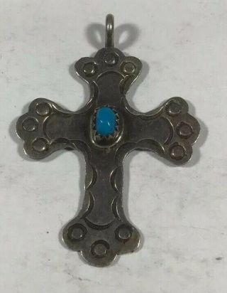 Vintage Sterling Silver Navajo Cross With A Turquoise Center Cabochon