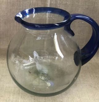 Medium Mexican Hand Blown Glass Margarita Pitcher Cobalt Blue Rim & Handle