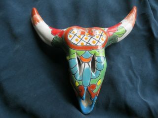 7 - 1/2 " Steer Bull Long Horns Skull Mexican Talavera Pottery Wall Decor Folk Art