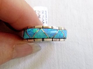 Zuni Phyllis Beyuka Ring Inlaid Blue Opal Design Sterling Silver Size 10