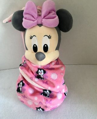 Disney Parks Baby Minnie Mouse Plush Doll In A Pink Figaro Cat Pouch Blanket