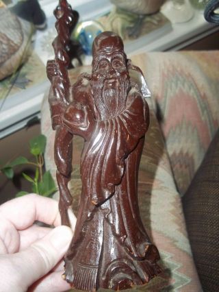 Carved Wood Asian Chinese Japanese Vintage Old Man Buddha With Staff