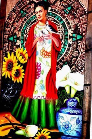 Print/painting Mexico Art Wood Frame Frida Kahlo Dove Flowers Aztec 36 " X24 " Huge
