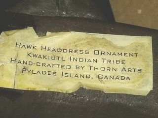 VINTAGE WEST CANADA KWAKIUTL HAWK MASK ARGILITE? WITH LABEL BY THORN ARTS 2