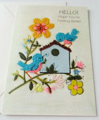Vtg Greeting Card Hallmark Faux Needlework Bluebirds Flowers Get Well