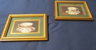 Set Of Gold Framed Double Matted Pictures Vintage Tea Cups Ready To Hang