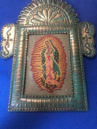 Hand Painted Religious Folk Retablo Art Tin Frame Mexico Our Lady Of Guadalupe