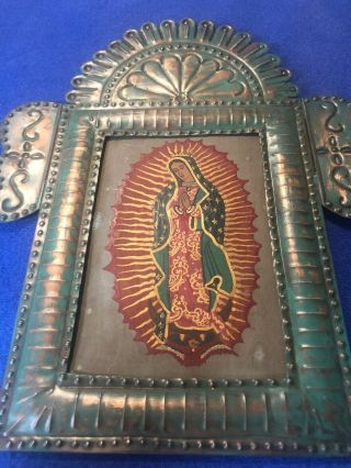 HAND PAINTED RELIGIOUS FOLK RETABLO ART TIN FRAME MEXICO OUR LADY OF GUADALUPE 2