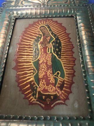 HAND PAINTED RELIGIOUS FOLK RETABLO ART TIN FRAME MEXICO OUR LADY OF GUADALUPE 3