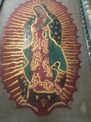 HAND PAINTED RELIGIOUS FOLK RETABLO ART TIN FRAME MEXICO OUR LADY OF GUADALUPE 4