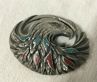 Vintage Ejc Eagle Belt Buckle W/ Turquoise & Coral Inlay