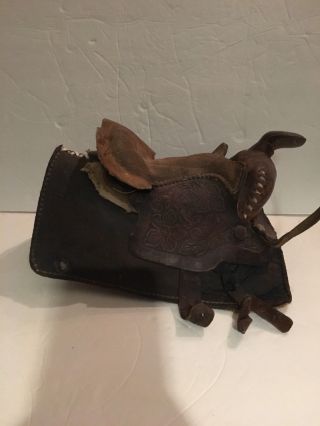 Vtg Tooled Leather Small Horse Toy,  Child Or Display Saddle Made In Mexico 9”