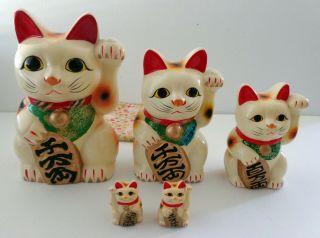 Vintage Japaneses Maneki Neko Ceramic Lucky Cat Coin Bank Set