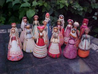 Rare Set Of 16 Russian Ussr Paper Mache Dolls Years Tree Toys Russia 1940 