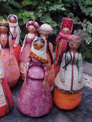 Rare Set of 16 Russian USSR Paper Mache Dolls Years Tree Toys Russia 1940 ' s 2