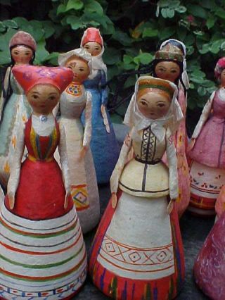 Rare Set of 16 Russian USSR Paper Mache Dolls Years Tree Toys Russia 1940 ' s 3