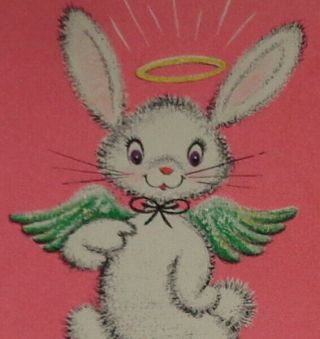 Vintage Greeting Card,  Adorable Bunny Rabbit Angel,  6 1/2 "