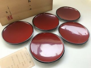 Wooden Snack Plate Kashiki 5pc Lacquer Ware Wooden Box Red Japanese Vtg P17