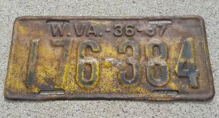 1936 - 1937 West Virginia State Car License Plate 176 - 384 Rustic Vintage Antique