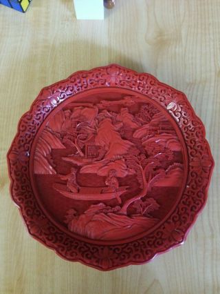 Chinese Carved Lacquer Red Cinnabar Plate 9.  5 " Lotus Flower And River Scene