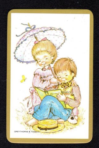 Vintage Swap Card - Boy Reading & Girl With Parasol (blank Back)