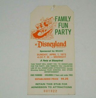 Rare 1973 Disneyland Family Fun Party Nvjcc Private Party Ticket Stub Anaheim