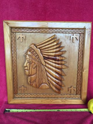 Vintage Wood Carved Indian Chief Headdress Plaque Native American Art