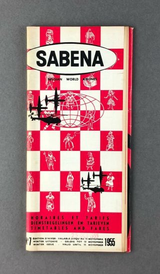 Sabena Airline Timetable Winter 1955 No.  7 Route Map Belgian World Airlines