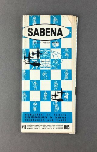 Sabena Airline Timetable Winter 1955 No.  8 Route Map Belgian World Airlines