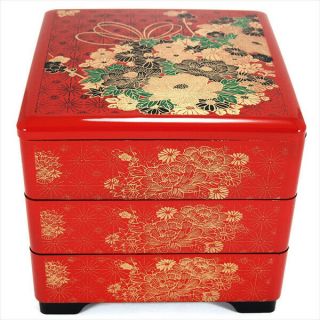 Japanese Red Lacquer 3 Tiers Stack Box " Jubako " Hanazukushi / Food Container