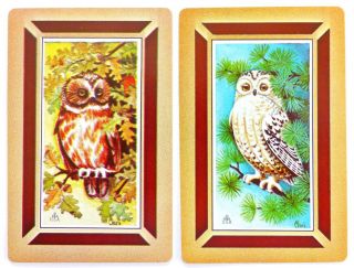 Pair Vintage Swap Cards.  Owls In Trees.  Artist Chri.  1980s Hoyle Kent.
