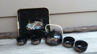 Vintage Japanese 6 Piece Tea Set Black With Gold Accent Peacocks Among Floral