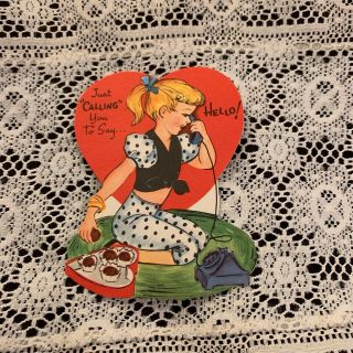 Vintage Greeting Card Valentine Cute Girl On Phone Polka Dot Pants