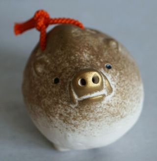 2 Inch Japanese Old Clay Bell Dorei : Design Wild Boar : Signed